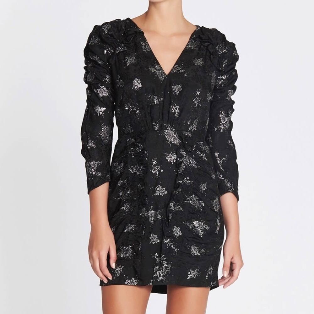 Rebecca Taylor Black Silver 100% Silk Long Sleeve Puff Mini Dress Size 12